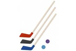 Клюшки детские хоккейные 80 см, 3 штуки (цвет: красный, черный, синий) + 2 шайбы