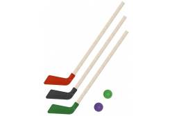 Клюшки детские хоккейные 80 см, 3 штуки (цвет: красный, черный, зеленый) + 2 шайбы