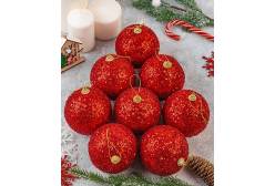 Набор 8 новогодних шаров Блестки, цвет: красный, 9,5x9,5 см