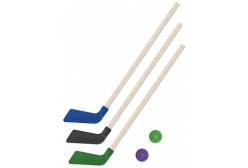 Клюшки детские хоккейные 80 см, 3 штуки (цвет: синий, черный, зеленый) + 2 шайбы