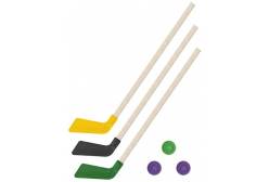 Детский хоккейный набор Зима, лето 3 в 1: клюшки 80 см (желтая, черная, зеленая) + 3 шайбы
