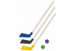 Клюшки детские хоккейные 80 см, 3 штуки (цвет: синий, черный, желтый) + 2 шайбы
