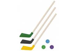 Детский хоккейный набор Зима, лето 3 в 1: клюшки 80 см (зеленая, черная, желтая) + 3 шайбы