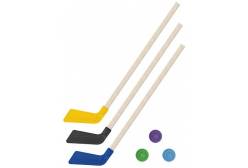 Детский хоккейный набор Зима, лето 3 в 1: клюшки 80 см (желтая, черная, синяя) + 3 шайбы