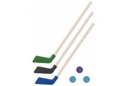 Детский хоккейный набор Зима, лето 3 в 1: клюшки 80 см (зеленая, черная, синяя) + 3 шайбы