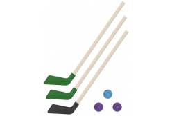 Детский хоккейный набор Зима, лето 3 в 1: клюшки 80 см (2 зеленых, 1 черная) + 3 шайбы